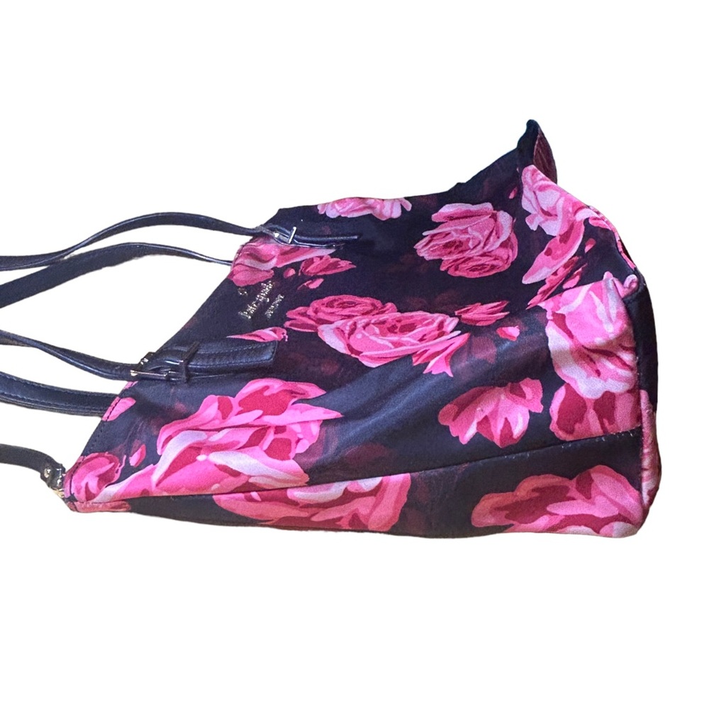 Kate Spade Floral Roses Fabric + Leather Trim Large Black Shoulder Bag Purse - Picture 6 of 15